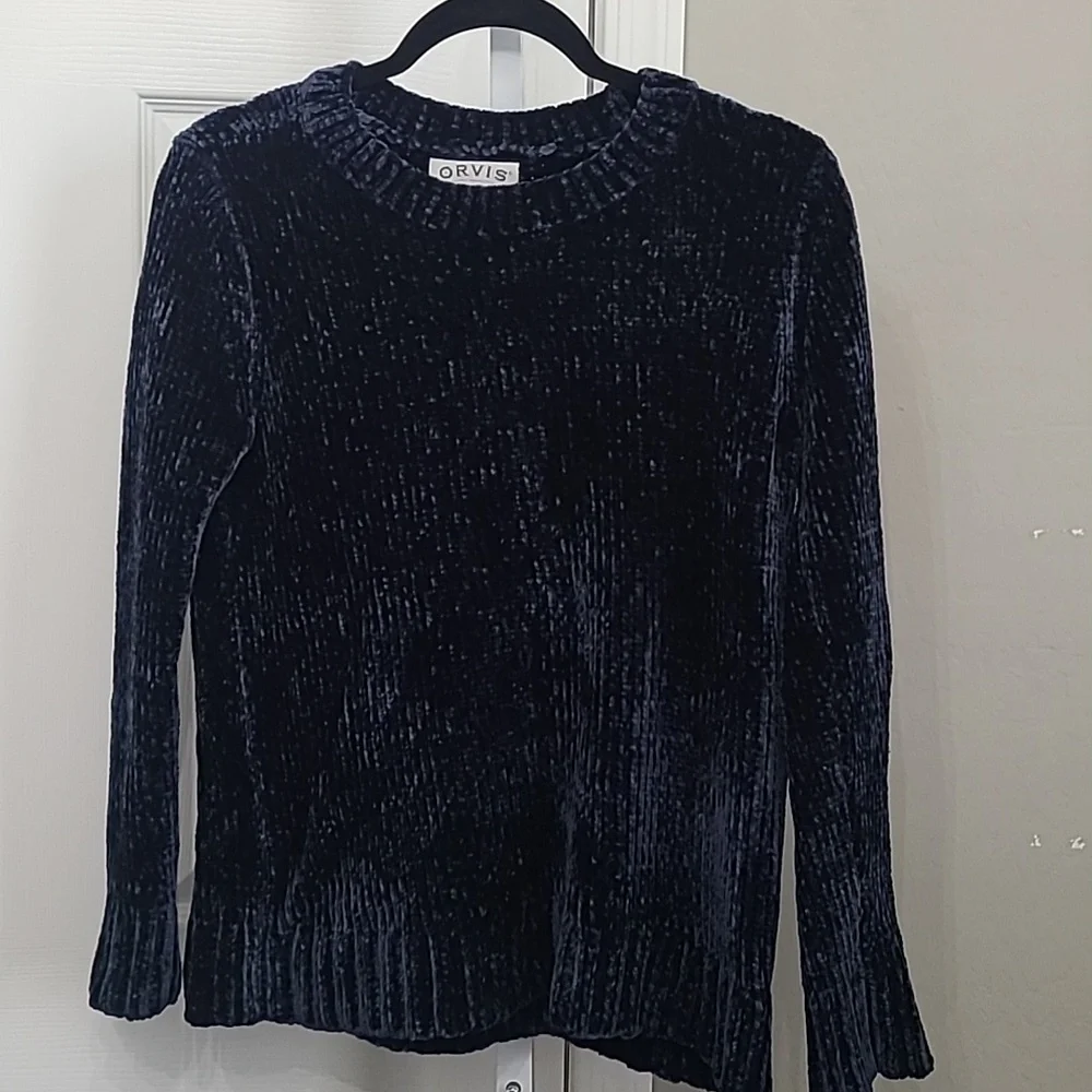 Orvis Women's Pull Over Sweater S Deep Blue Chenille Textured Fabric Crew Neck